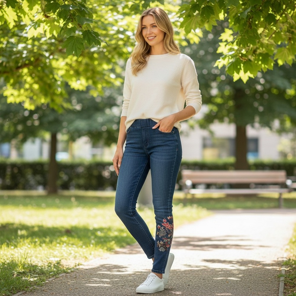 Soft Surroundings Embroidered Denim Leggings Women Small Blue Pull On 2AW42